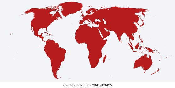 Fun exaggerated world map where Greenland is drawn far too big, crimson continents on light grey, no country borders and no grid. Novelty distorted Equal Earth world map illustration.