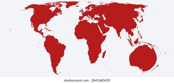Fun exaggerated world map where Australia is drawn far too big, crimson continents on light grey, no country borders and no grid. Novelty distorted Equal Earth world map illustration.