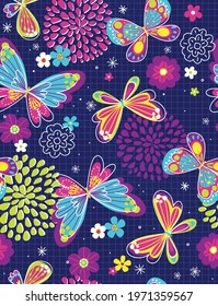 Fun and exciting butterfly pattern in bright, tween colors. Seamless vector patterns are great for backgrounds, wallpaper, and surface designs.