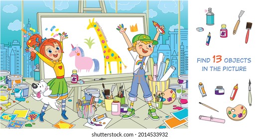Fun and exciting children's creativity. Children draw on an easel, on their hands, on paper. Find 13 hidden objects in the picture. Funny cartoon character. Hidden objects puzzle. Vector illustration  - Shutterstock ID 2014533932