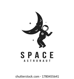 Fun explorer space astronaut mascot logo icon vector template on white background, astronaut hang on the moon logo