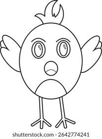 A fun and expressive cartoon chick with both wings raised and wide eyes, designed in clean line art. Perfect for coloring books, educational printables, and children’s illustrations.