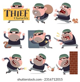 A fun and expressive cartoon-style illustration featuring a mischievous thief character in various poses and situations.