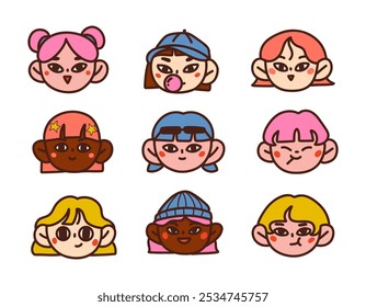 Fun and Expressive Character Face Portrait. A set of 9 cute and playful character faces, featuring diverse hairstyles, expressions, and styles, perfect for fun designs and avatars