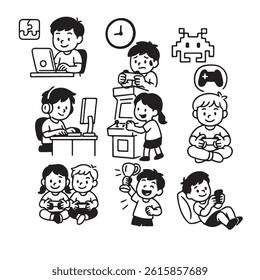 A fun and expressive collection of 10 hand-drawn black and white line icons illustrating kids enjoying various digital and video game activities. 