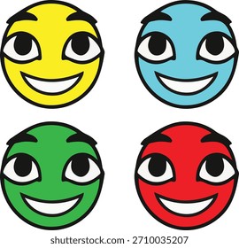 Una colección divertida y expresiva de caras emoji que muestran una amplia variedad de emociones, sentimientos y reacciones. Diseñado en un estilo de dibujos animados limpio y moderno, estos iconos vibrantes incluyen feliz, triste, enojado,