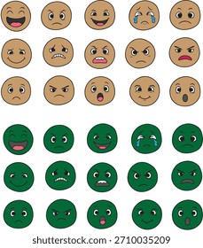 Una colección divertida y expresiva de caras emoji que muestran una amplia variedad de emociones, sentimientos y reacciones. Diseñado en un estilo de dibujos animados limpio y moderno, estos iconos vibrantes incluyen feliz, triste, enojado,