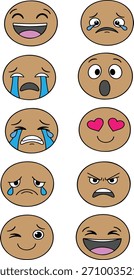 Una colección divertida y expresiva de caras emoji que muestran una amplia variedad de emociones, sentimientos y reacciones. Diseñado en un estilo de dibujos animados limpio y moderno, estos iconos vibrantes incluyen feliz, triste, enojado,
