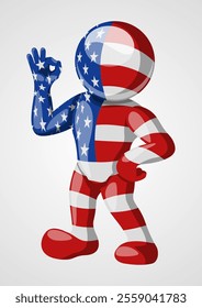 Fun faceless character decorated in the colors of the American flag, making a perfect hand sign gesture