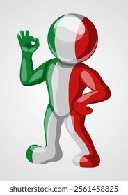 Fun faceless character decorated in the colors of the Italian flag, making a perfect hand sign gesture