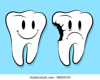 Fun Faces On Healthy And Decayed Teeth, cartoon characters isolated on blue