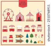 Fun fair, amusement park and carnival stickers. Ferris wheel, circus tent, carousel, street food stalls and other elements. Flat vector illustration