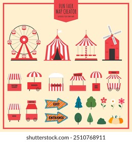 Fun fair, amusement park and carnival stickers. Ferris wheel, circus tent, carousel, street food stalls and other elements. Flat vector illustration