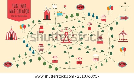 Fun fair and amusement park map creator. Carnival elements on festival map. Plan with ferris wheel, tent, carousel, street food stalls and other objects. Flat vector illustration