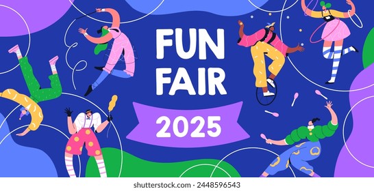 Fun fair, carnival banner design. Carnaval, happy holiday celebration background with colorful festive characters, harlequin, acrobats. Street festival card template. Flat vector illustration