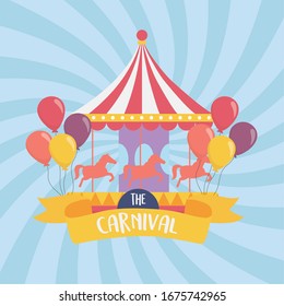 fun fair carnival carousel and balloons recreation entertainment vector illustration