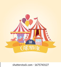 fun fair carnival carousel tent and ticket booth recreation entertainment vector illustration