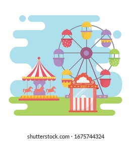 fun fair carnival ferris wheel carousel ticket booth recreation entertainment vector illustration