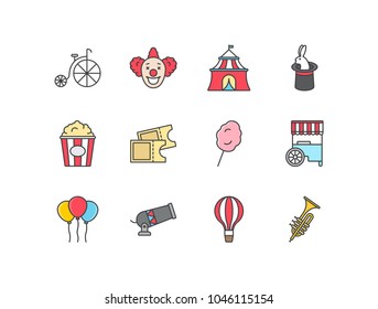 Fun fair and carnival flat line colored icons set with bicycle, clown, circus tent, magician hat, popcorn, tickets, cotton candy, food cart, balloons, cannon.