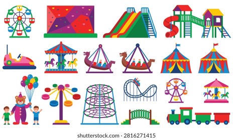 Fun fair and carnival theme park attraction icons including bumper cars carousel circus tents climbing wall playground equipment and festive train.