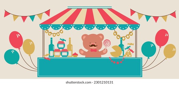 Fun fair with a counter and different goods. The bear stands and sells different balls. Vector image with a place for an inscription.