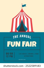 Fun fair festival invitation poster. Circus tent in flat style. Vector illustration concept