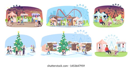 Fun fair flat vector illustrations set. Winter and summer street market, funfair. People walk fairground with Christmas tree, market stalls, ferris wheel and roller coaster. City event, festival