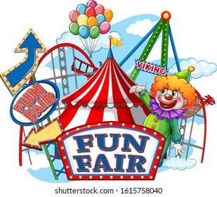 Fun fair sign and circus rides in background illustration