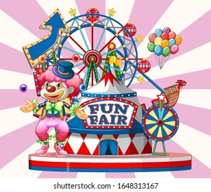Fun fair sign with happy clown and many rides in background illustration
