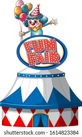 Plantilla de señas de feria divertida con una tienda grande e ilustración de payaso feliz
