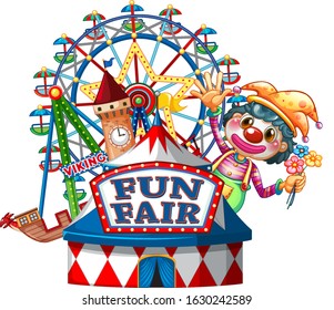 Fun fair sign template with happy clown in background illustration