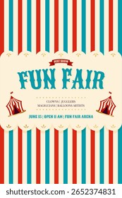 Fun fair template with light color accents and festive circus icons, ideal for cheerful event marketing. Vertical vector illustration