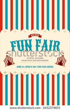 Fun fair template with light color accents and festive circus icons, ideal for cheerful event marketing. Vertical vector illustration
