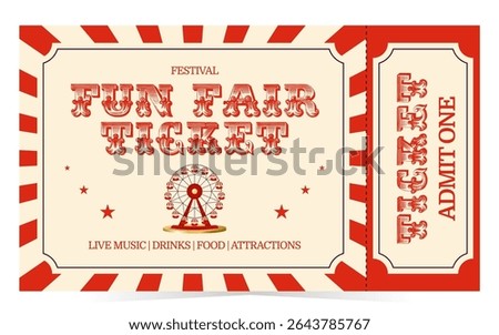 Fun fair ticket in retro style with ferris wheel. Flat vector illustration on white background
