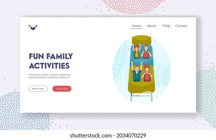 Fun Family Activities Landing Page Template. Happy Kids Characters Riding Roller Coaster in Amusement Park. Boys and Girls Fun at Rollercoaster Car on Weekend. Cartoon People Vector Illustration