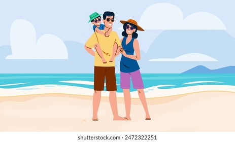 fun family beach day  vector.  sea holi, girl travel, mom father fun family beach day character. people flat cartoon illustration