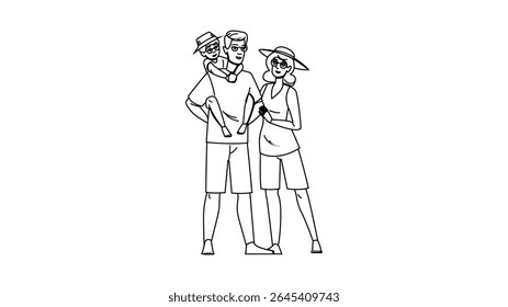 fun family beach day vector. sea holi, girl travel, mom father fun family beach day character. people black line pencil drawing illustration