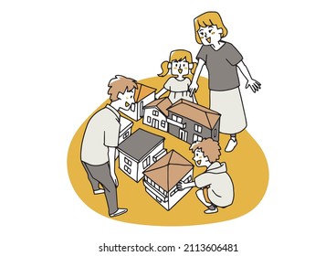 A fun family looking around various houses, a comical handwritten person, a vector, and simple coloring of line drawings.
