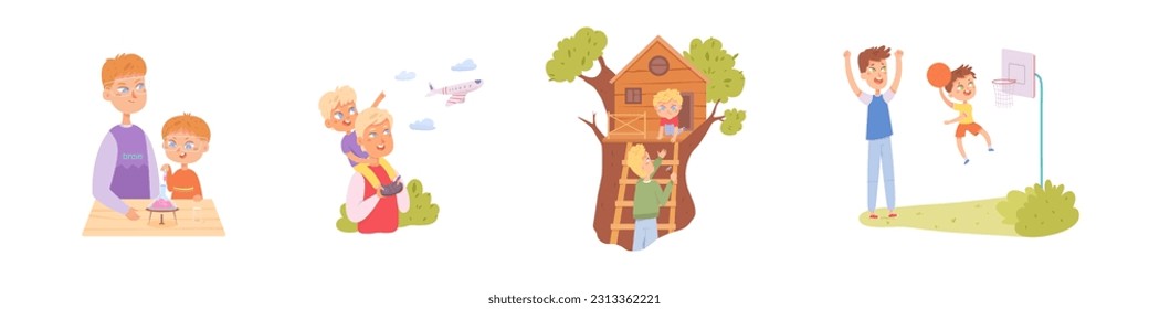 Spaß in der Familie und Spiele von Vater und Sohn Set Vektorgrafik. Cartoon Happy Kind und Elternteil spielen Basketball und bauen Baumhaus im Sommer Garten, Papa-Charaktere steuern gemeinsam Flugzeug