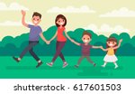 Fun family walking in the park. Rest at nature. Vector illustration in a flat style