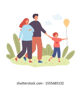 Fun family walking in the park. Rest at nature. Vector illustration in a flat style