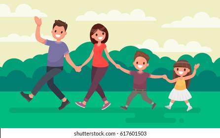Fun family walking in the park. Rest at nature. Vector illustration in a flat style