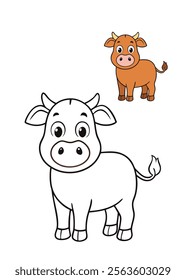 A fun farm animal cow coloring page featuring a friendly cow standing in a grassy field, with big eyes, a cute smile, and plenty of space for creative coloring.