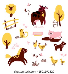 Fun farm animals. Educational set of domestic animals. Cute vector collection with horse, cow, duck, pig, sheep, cat, dog and chicken.