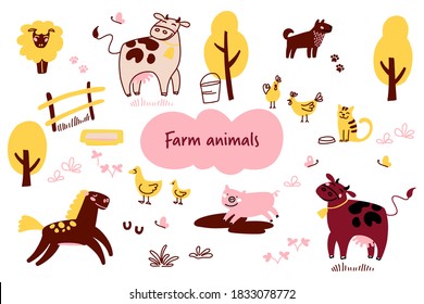 Fun farm animals. Set of domestic animals. Cute cartoon vector collection with horse, cow, duck, pig, sheep, cat, dog and chicken.