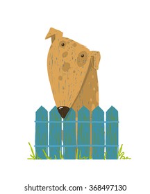 Fun Farm Cute Dog Sitting over Fence. Cartoon countryside doggy friendly looking. Vector illustration.