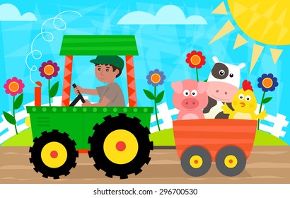 Fun in The Farm - Farmer with a tractor is driving a cart with pig, cow and a chick. Eps10