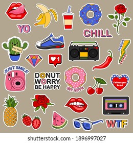 Fun fashion teenage stickers. Set of fashion patches, cute colorful badges, inspirational quotes, fun cartoon
