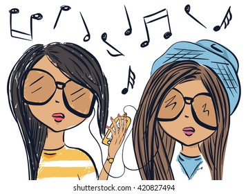 Fun fashionable girl friend. Fashion girls. Audiophiles. Vector illustration