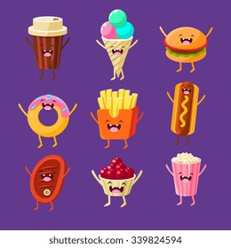 Fun fast food. Dishes with cute faces, happy. Vector illustration set